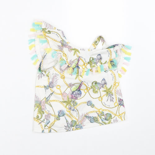 River Island Girls White Geometric Polyester Tunic T-Shirt Size 2-3 Years Round Neck  - Sea Creatures Assymetrical