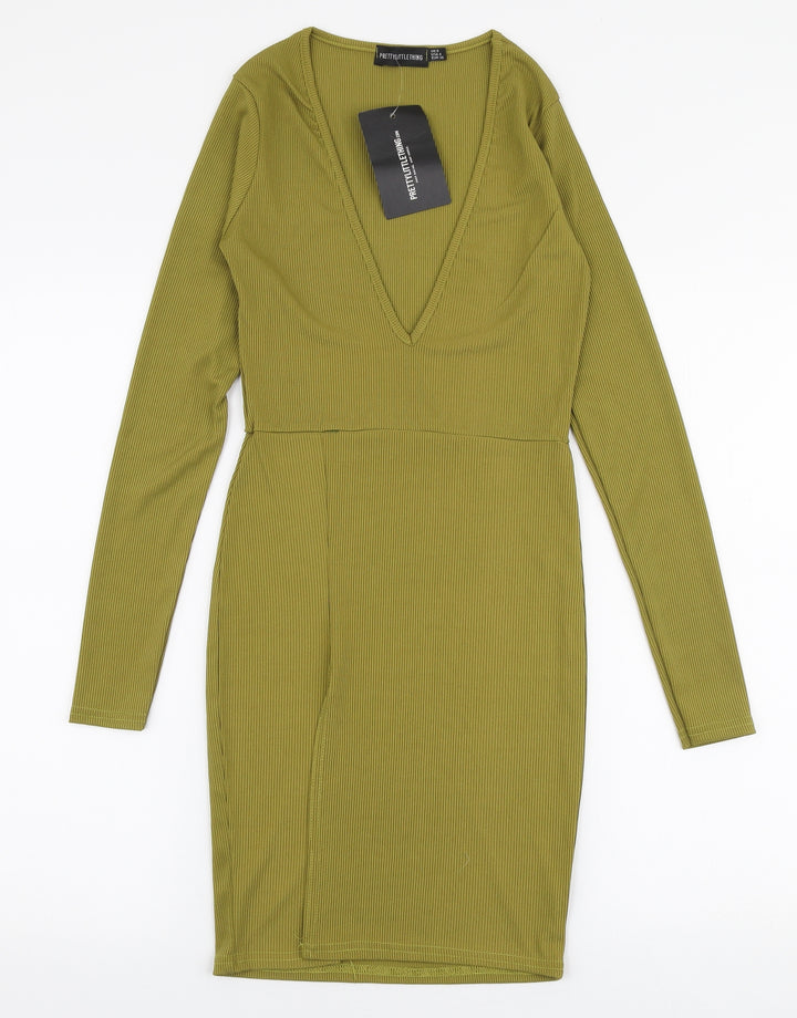 PRETTYLITTLETHING Womens Green Polyester Bodycon Size 8 V-Neck Pullover
