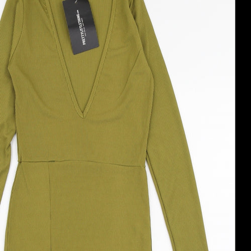 PRETTYLITTLETHING Womens Green  Polyester Bodycon  Size 8  V-Neck Pullover