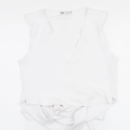 Zara Womens White  Polyester Cropped Blouse Size M V-Neck