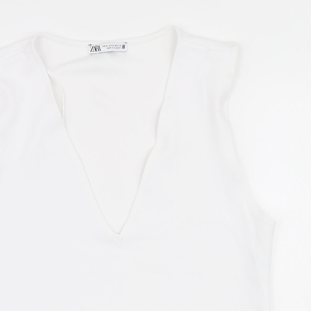 Zara Womens White  Polyester Cropped Blouse Size M V-Neck