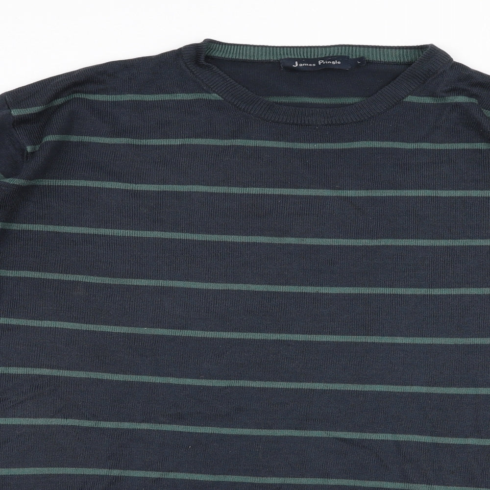 James Pringle Mens Blue Round Neck Striped Acrylic Pullover Jumper Size L