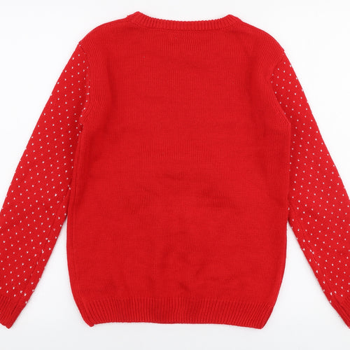 Matalan Girls Red Round Neck  Acrylic Pullover Jumper Size 11 Years  Pullover - Christmas