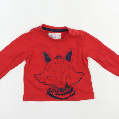 Mothercare Baby Red  Cotton Pullover T-Shirt Size 6-9 Months Crew Neck Snap - Cute Fox