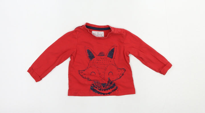 Mothercare Baby Red  Cotton Pullover T-Shirt Size 6-9 Months Crew Neck Snap - Cute Fox