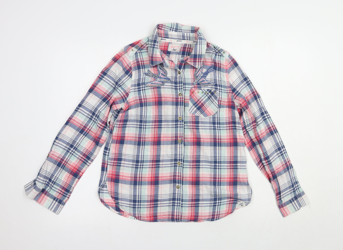 Mantaray Girls Blue Plaid Cotton Basic Button-Up Size 13 Years Collared Button