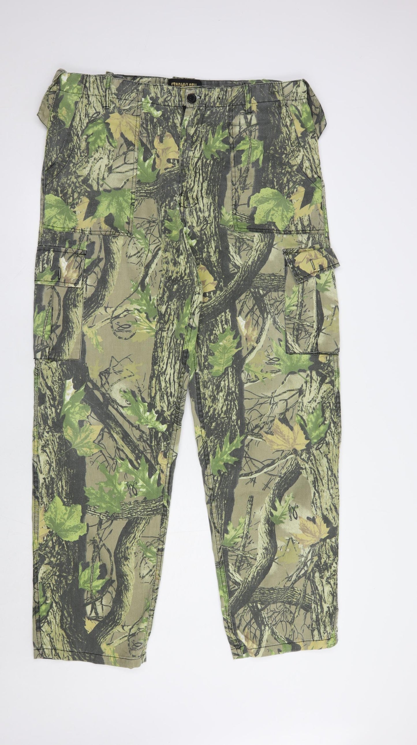 Stormkloth Mens Beige Floral Cotton Cargo Trousers Size 36 in L32 in Regular Button