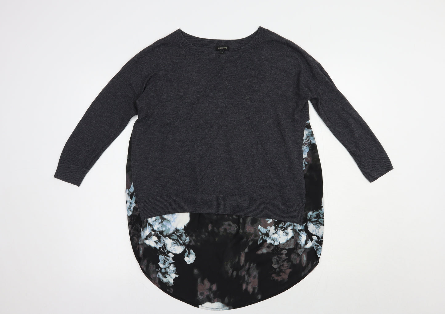 River Island Womens Grey Boat Neck Floral Viscose Tunic Jumper Size 10