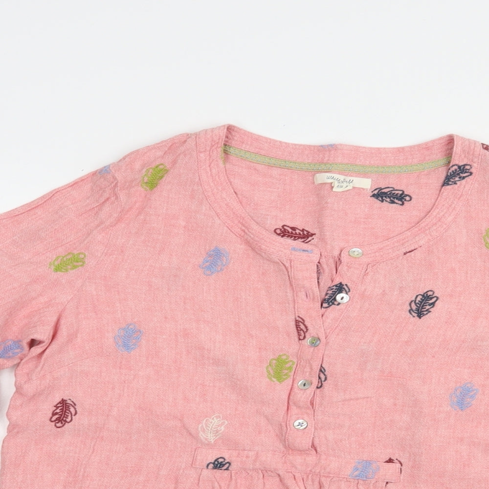White Stuff Womens Pink Floral Linen Basic Blouse Size 10 Round Neck