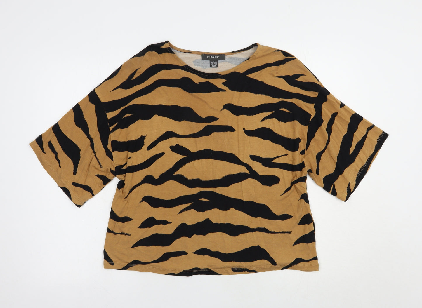 Primark Womens Beige Animal Print Viscose Basic T-Shirt Size S Boat Neck
