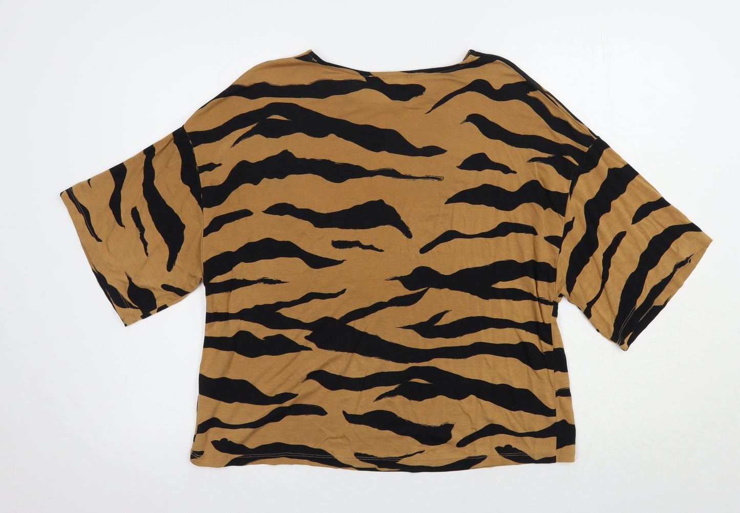Primark Womens Beige Animal Print Viscose Basic T-Shirt Size S Boat Neck