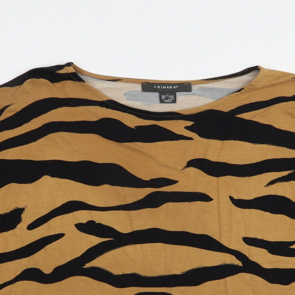 Primark Womens Beige Animal Print Viscose Basic T-Shirt Size S Boat Neck