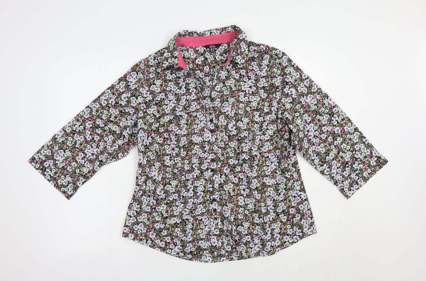 Marks and Spencer Womens Black Floral Polyester Basic Button-Up Size 16 Collared
