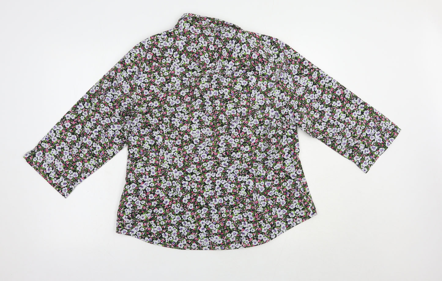 Marks and Spencer Womens Black Floral Polyester Basic Button-Up Size 16 Collared