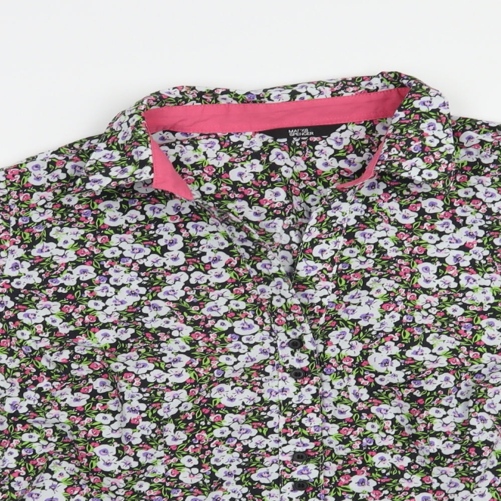 Marks and Spencer Womens Black Floral Polyester Basic Button-Up Size 16 Collared