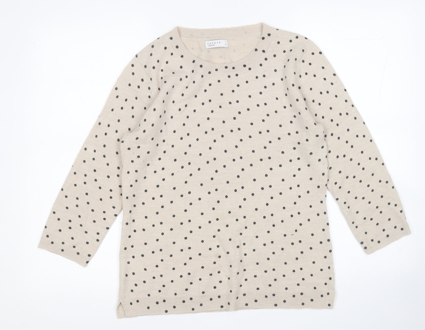 Papaya Womens Beige Round Neck Polka Dot Acrylic Pullover Jumper Size 10