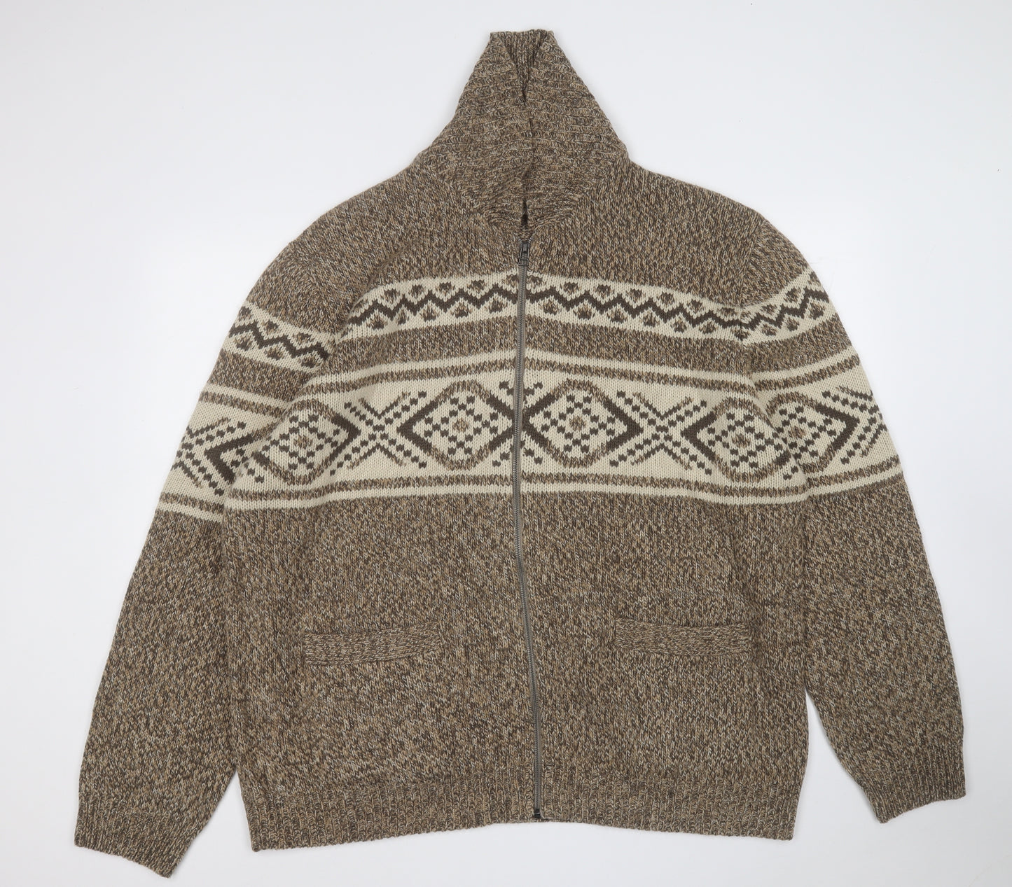 ACW85 Mens Brown Round Neck Geometric Acrylic Full Zip Jumper Size 2XL