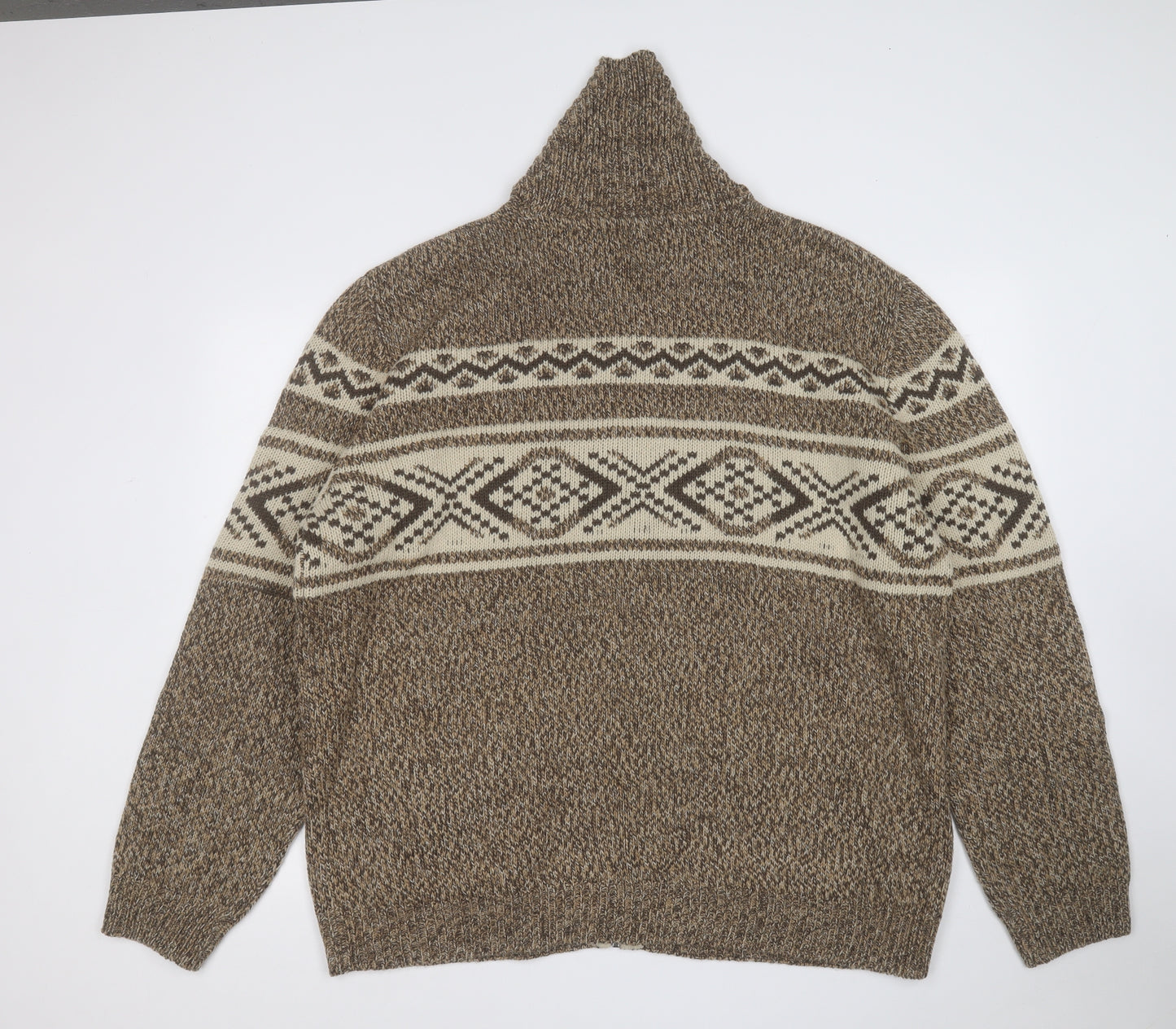 ACW85 Mens Brown Round Neck Geometric Acrylic Full Zip Jumper Size 2XL