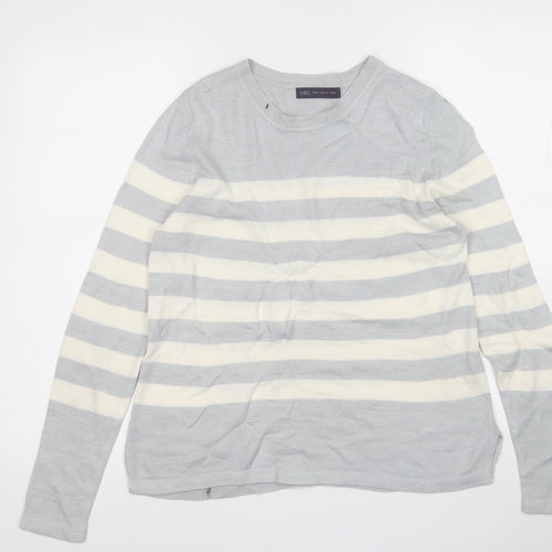 Marks and Spencer Womens Grey Round Neck Striped Acrylic Pullover Jumper Size M