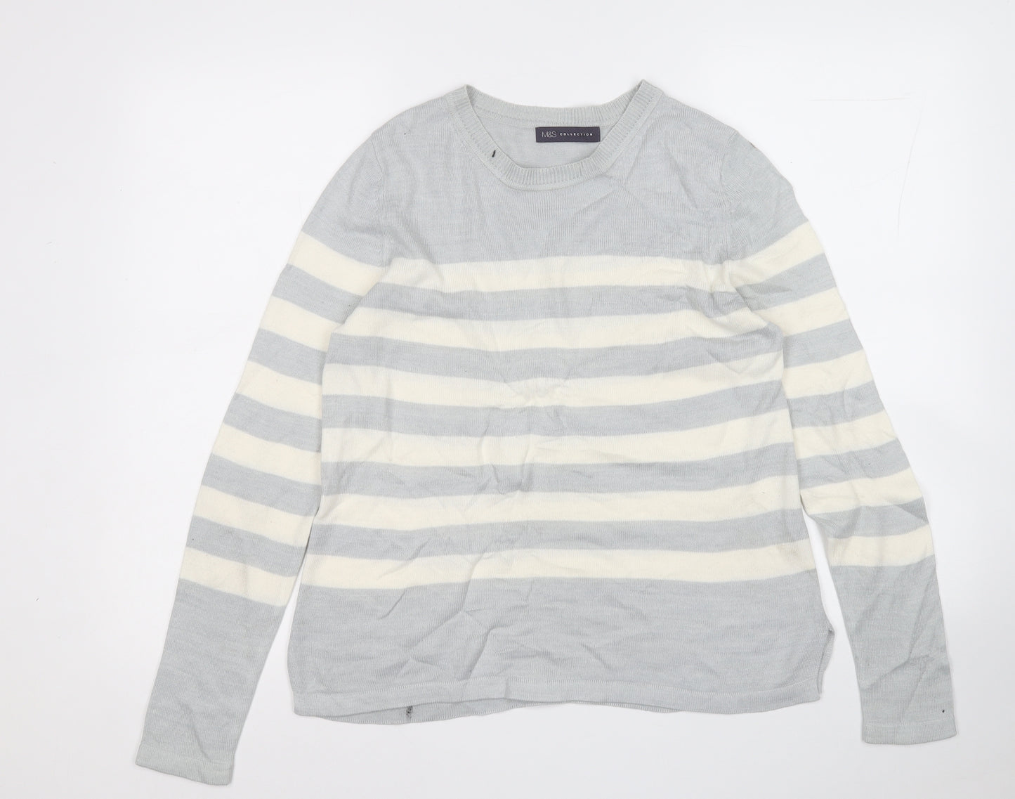 Marks and Spencer Womens Grey Round Neck Striped Acrylic Pullover Jumper Size M