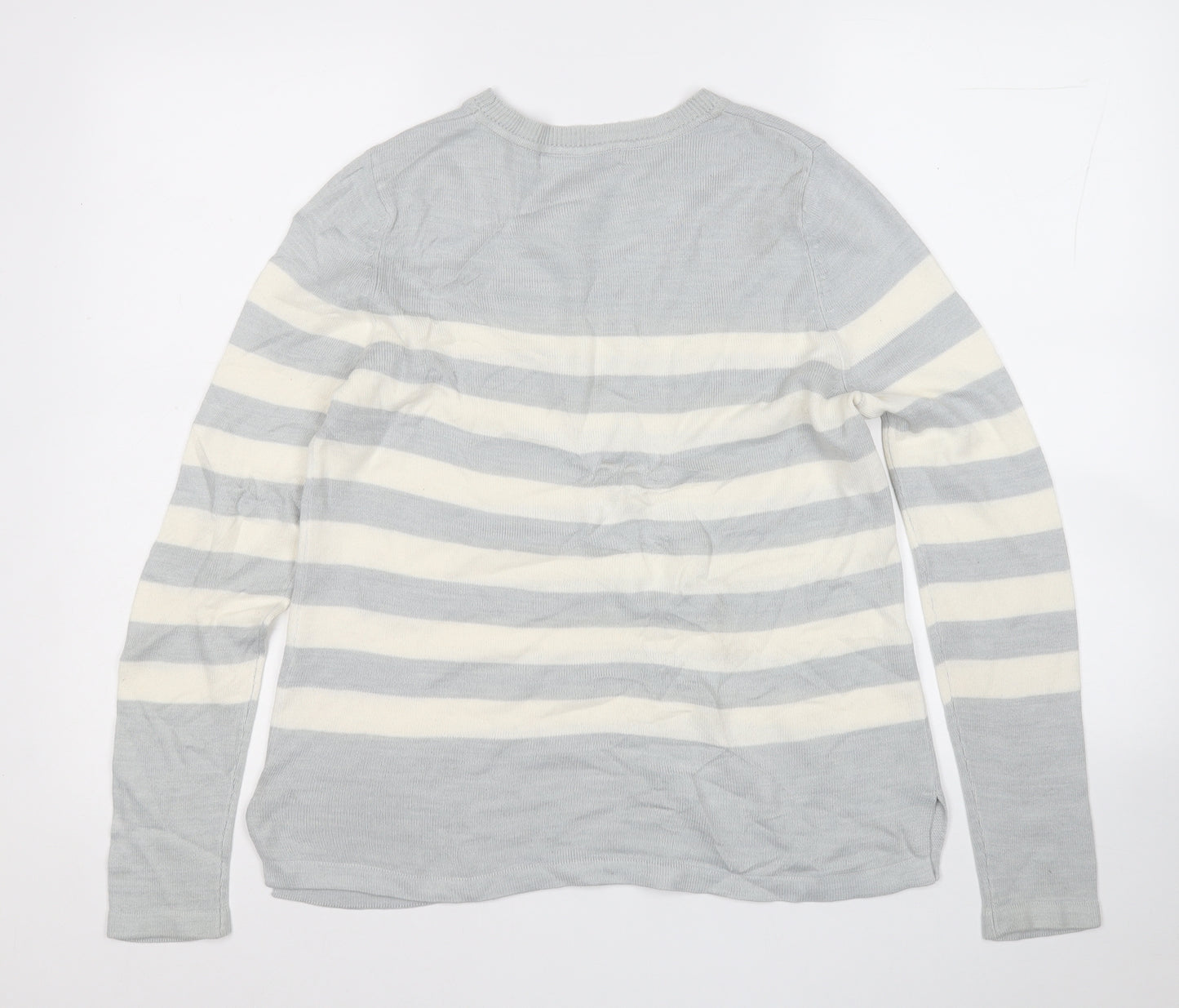 Marks and Spencer Womens Grey Round Neck Striped Acrylic Pullover Jumper Size M