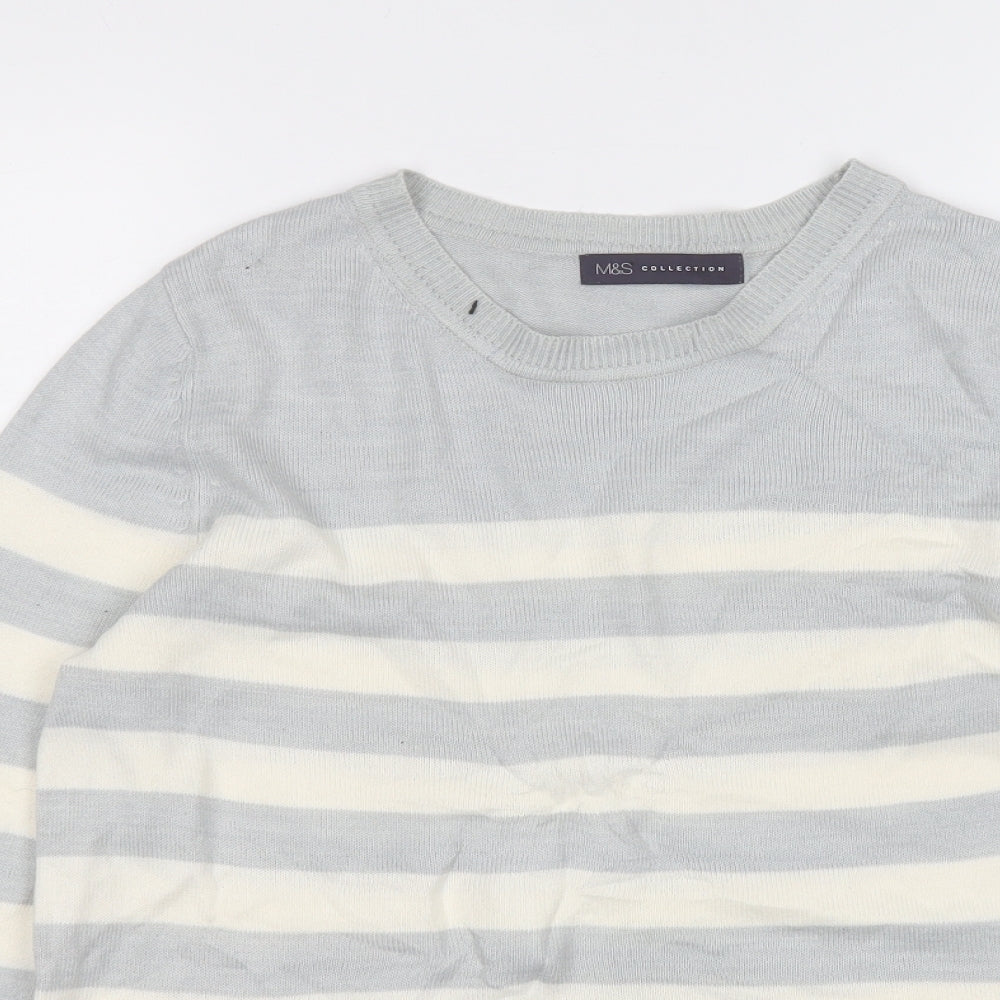 Marks and Spencer Womens Grey Round Neck Striped Acrylic Pullover Jumper Size M