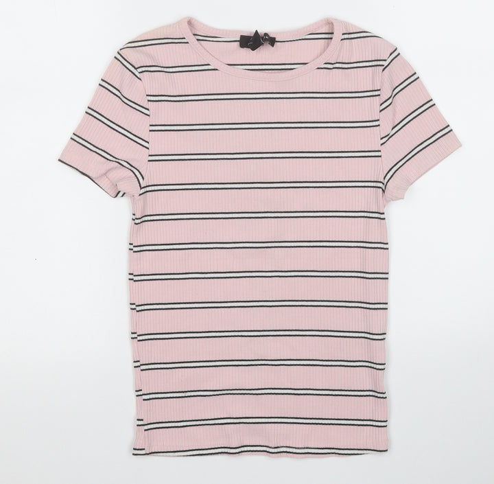 New Look Womens Pink Round Neck Striped Polyester Pullover Jumper Size 8