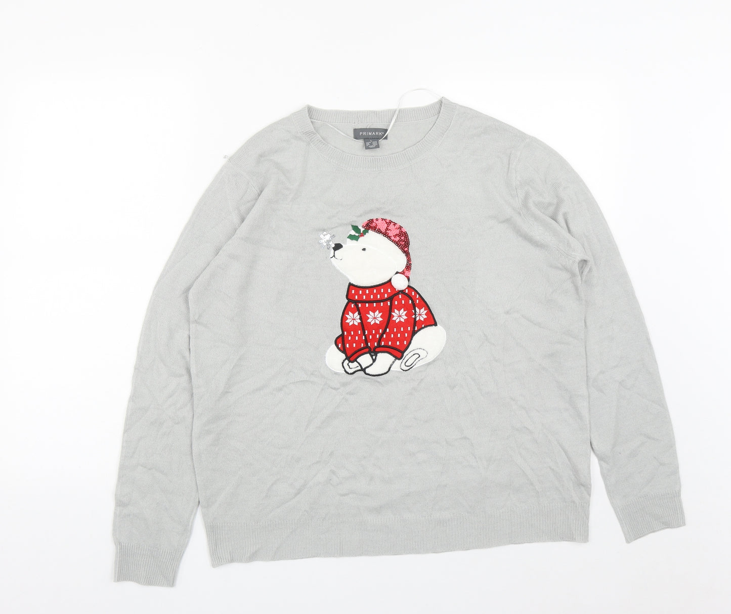 Primark Womens Grey Round Neck  Acrylic Pullover Jumper Size L   - Christmas Polar Bear