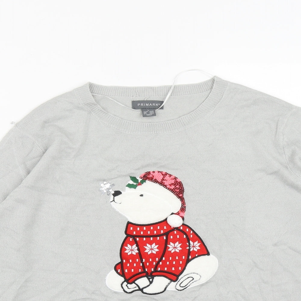 Primark Womens Grey Round Neck  Acrylic Pullover Jumper Size L   - Christmas Polar Bear