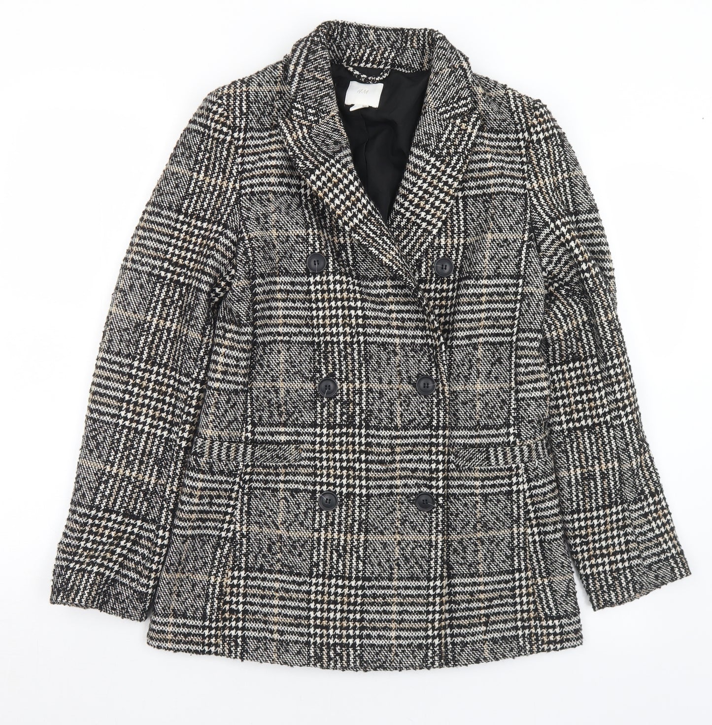 H&M Womens Black Houndstooth  Pea Coat Coat Size 6  Button