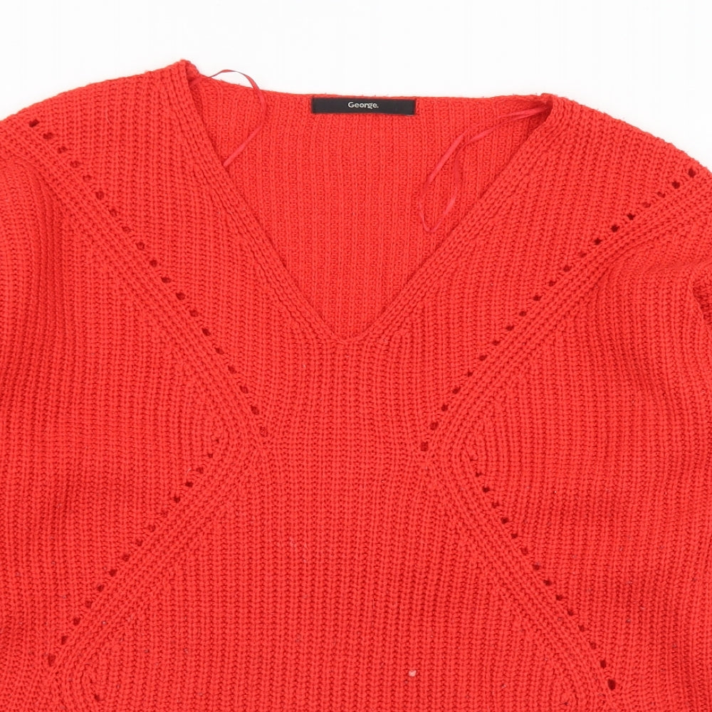 George Womens Red V-Neck  Acrylic Pullover Jumper Size 12   - 12-14