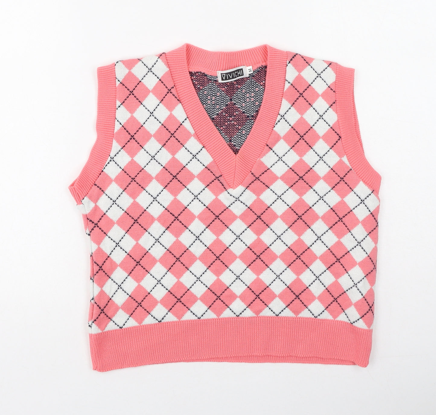 Vivichie Womens Pink V-Neck Check Acrylic Pullover Jumper Size M