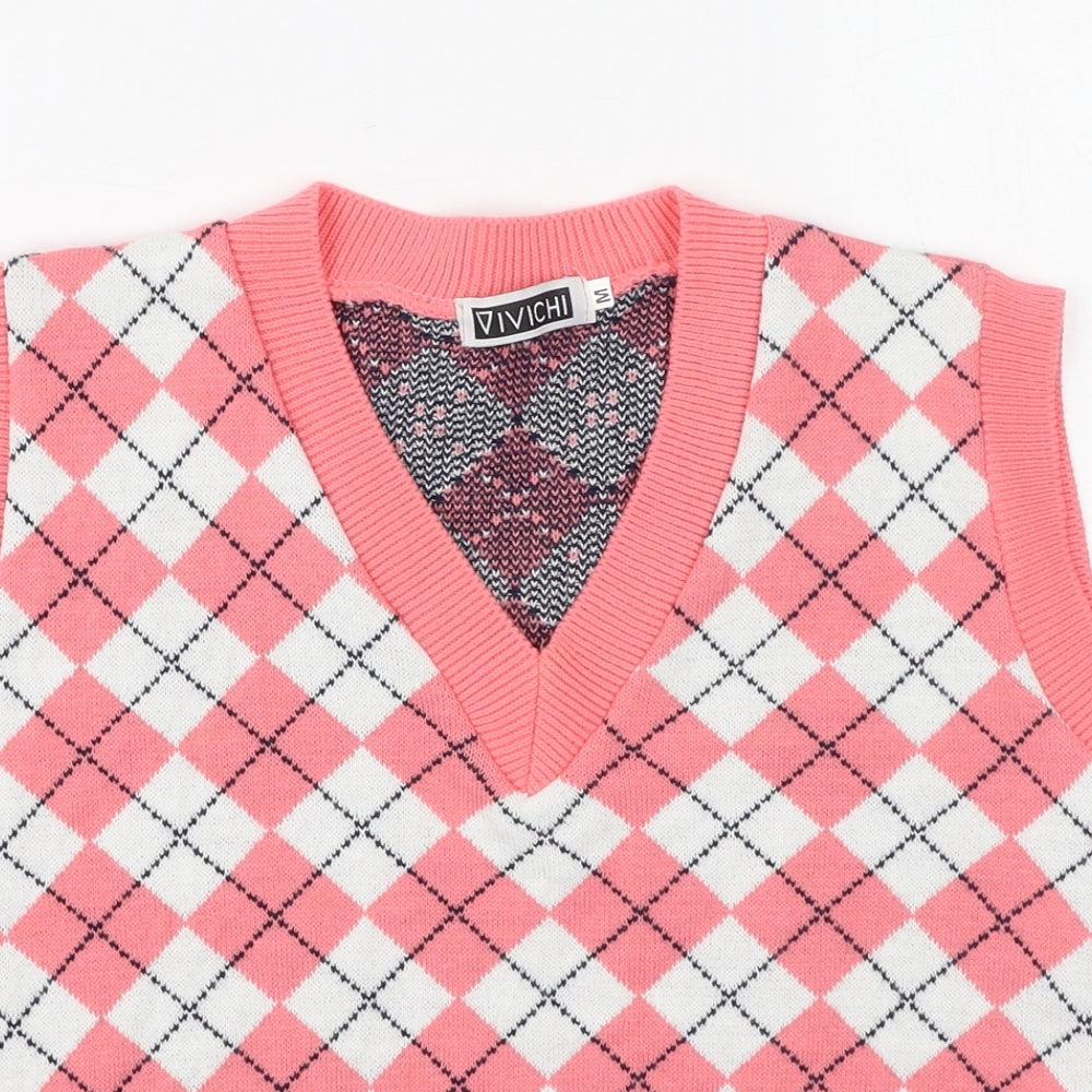 Vivichie Womens Pink V-Neck Check Acrylic Pullover Jumper Size M