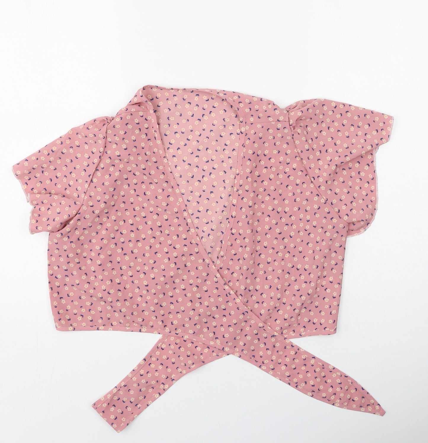 Preworn Womens Pink Floral Polyester Basic Blouse Size M V-Neck