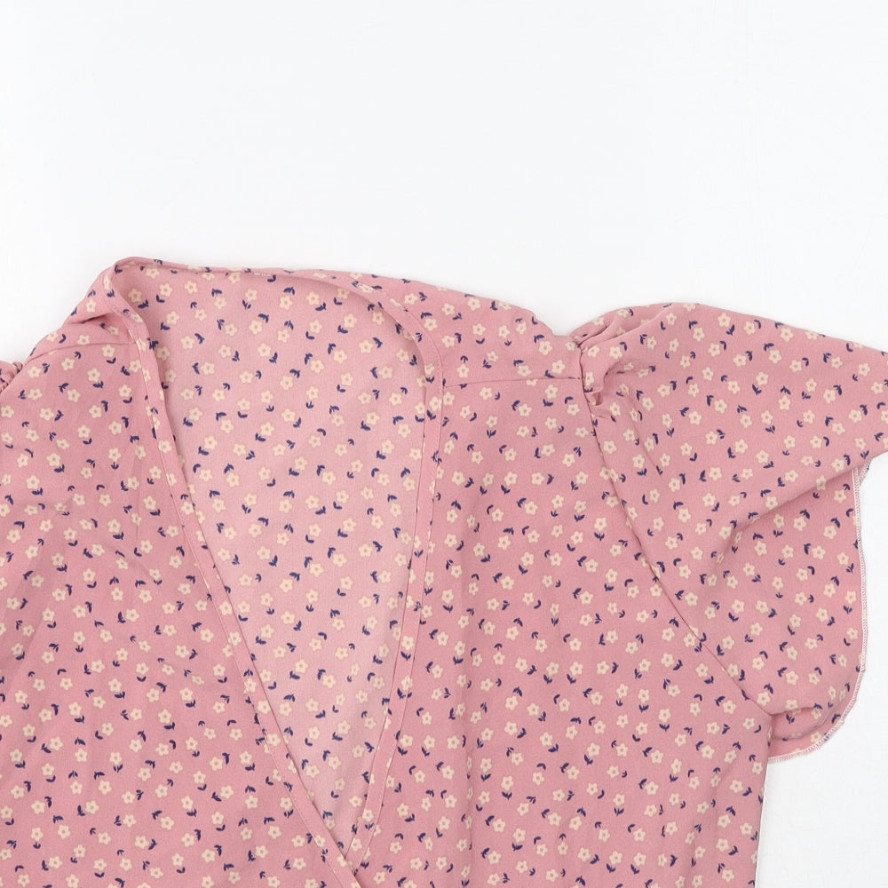Preworn Womens Pink Floral Polyester Basic Blouse Size M V-Neck