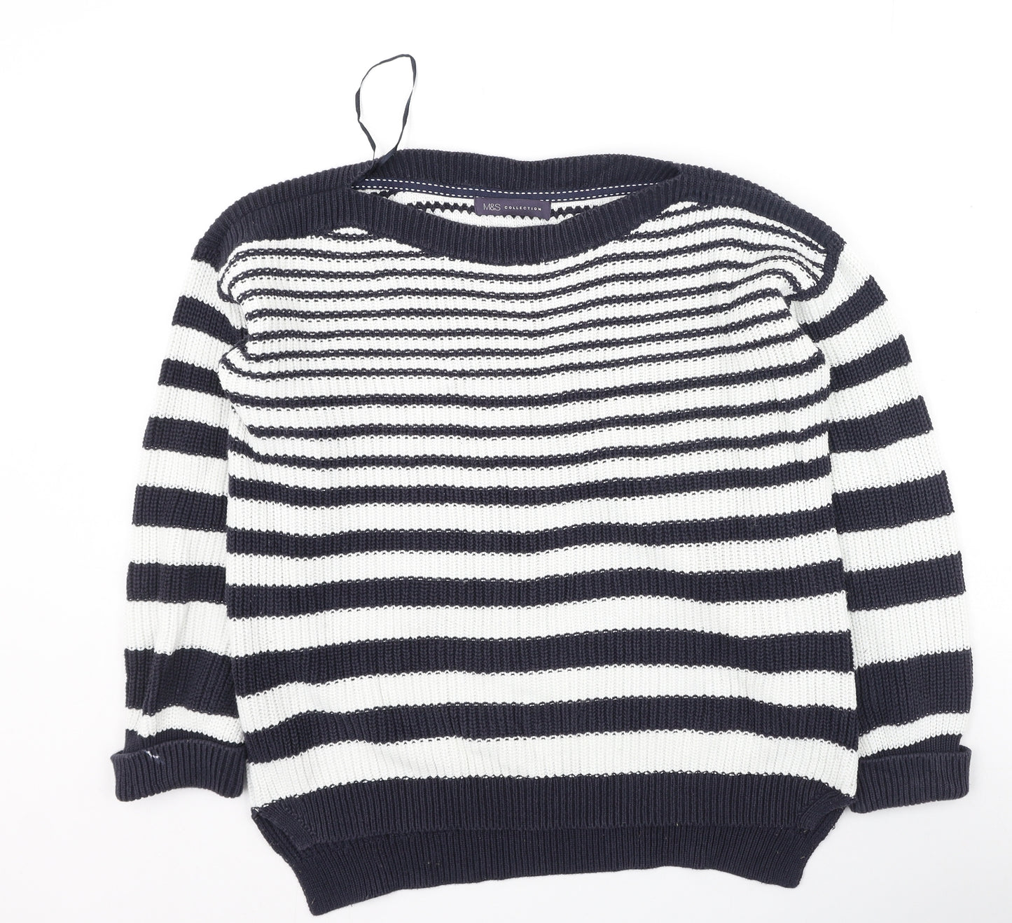Marks and Spencer Womens Blue Round Neck Striped Cotton Pullover Jumper Size M