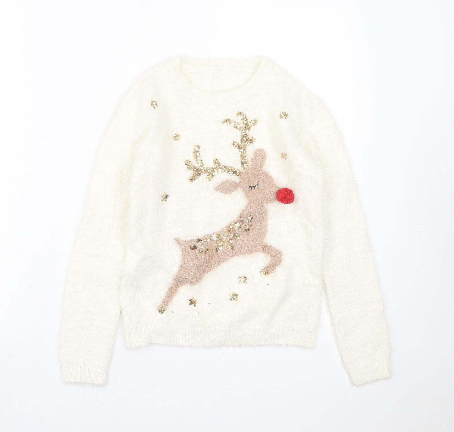 Dunnes Stores Girls Ivory Crew Neck  Polyamide Pullover Jumper Size 10 Years  Pullover - Christmas Jumper