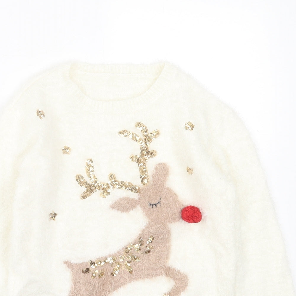 Dunnes Stores Girls Ivory Crew Neck  Polyamide Pullover Jumper Size 10 Years  Pullover - Christmas Jumper