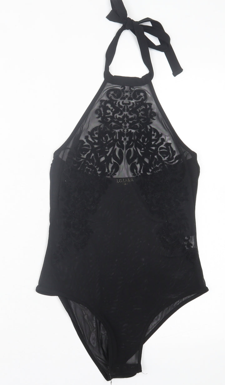 Lozana Womens Black Herringbone Polyester Bodysuit One-Piece Size 8 Button