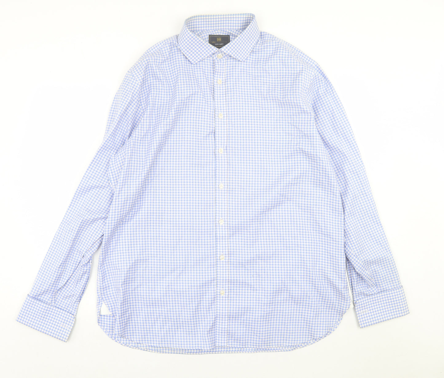 Marks and Spencer Mens Blue Plaid Cotton  Dress Shirt Size 17.5 Collared Button