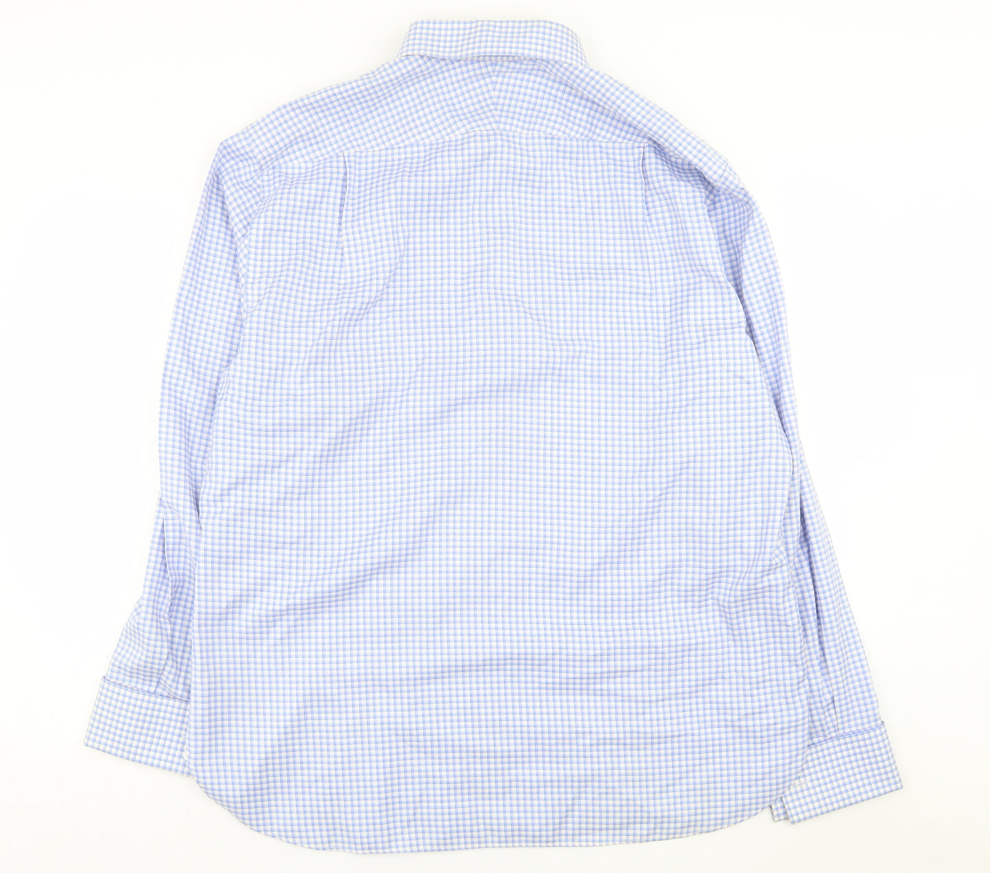 Marks and Spencer Mens Blue Plaid Cotton  Dress Shirt Size 17.5 Collared Button