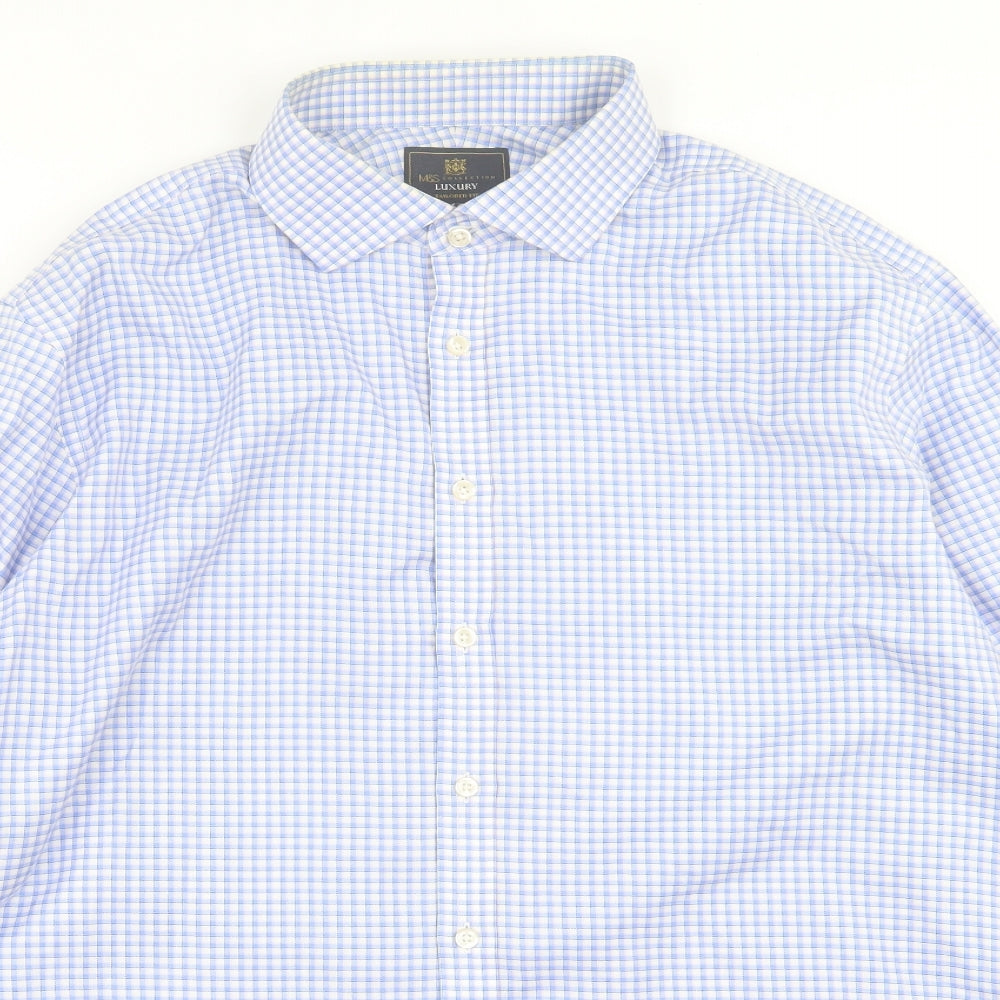 Marks and Spencer Mens Blue Plaid Cotton  Dress Shirt Size 17.5 Collared Button