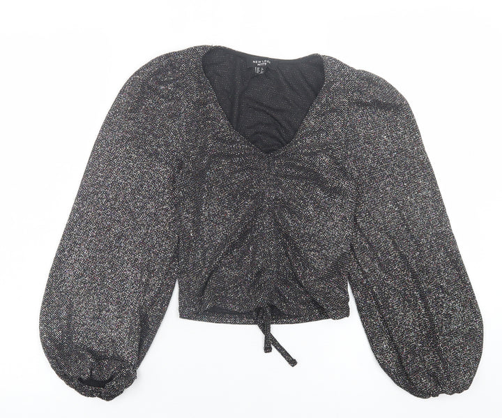 New Look Womens Silver  Nylon Cropped Blouse Size 6 V-Neck