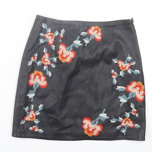 River Island Womens Black Floral Polyurethane A-Line Skirt Size 6   Zip