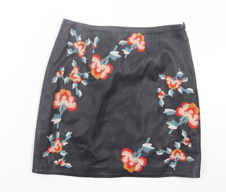 River Island Womens Black Floral Polyurethane A-Line Skirt Size 6   Zip