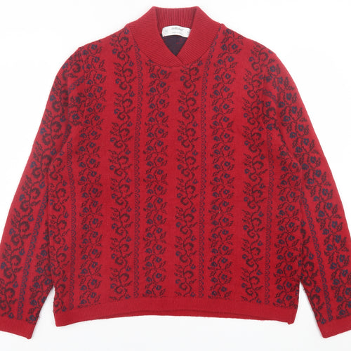St.Micheal Womens Red V-Neck Geometric Acrylic Pullover Jumper Size 16