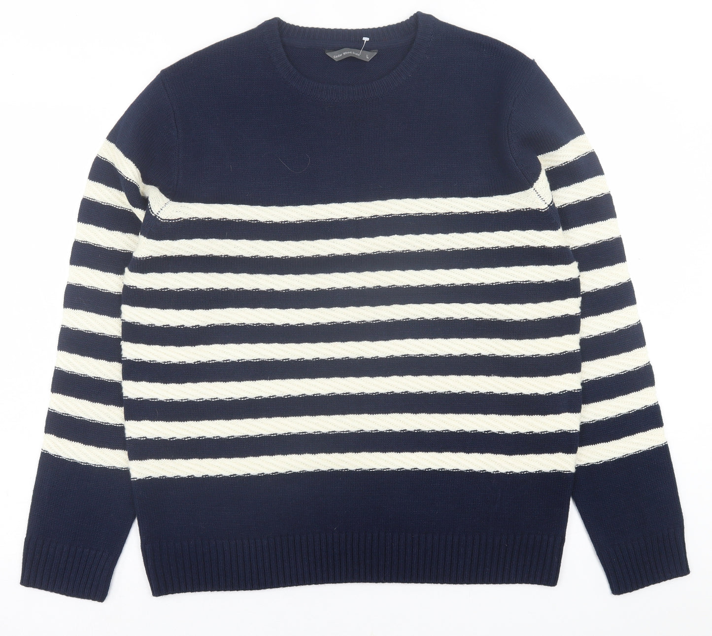 Cedar Wood State Mens Blue Crew Neck Striped Acrylic Pullover Jumper Size L
