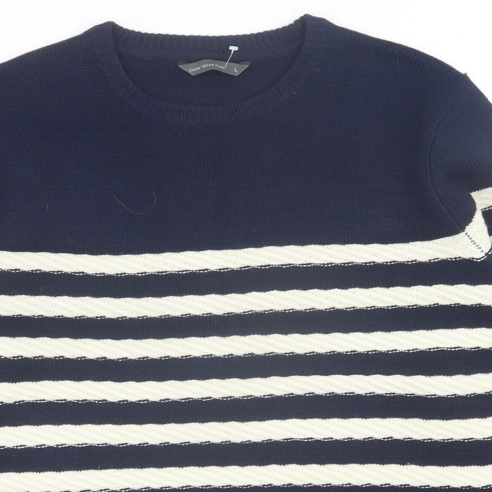 Cedar Wood State Mens Blue Crew Neck Striped Acrylic Pullover Jumper Size L