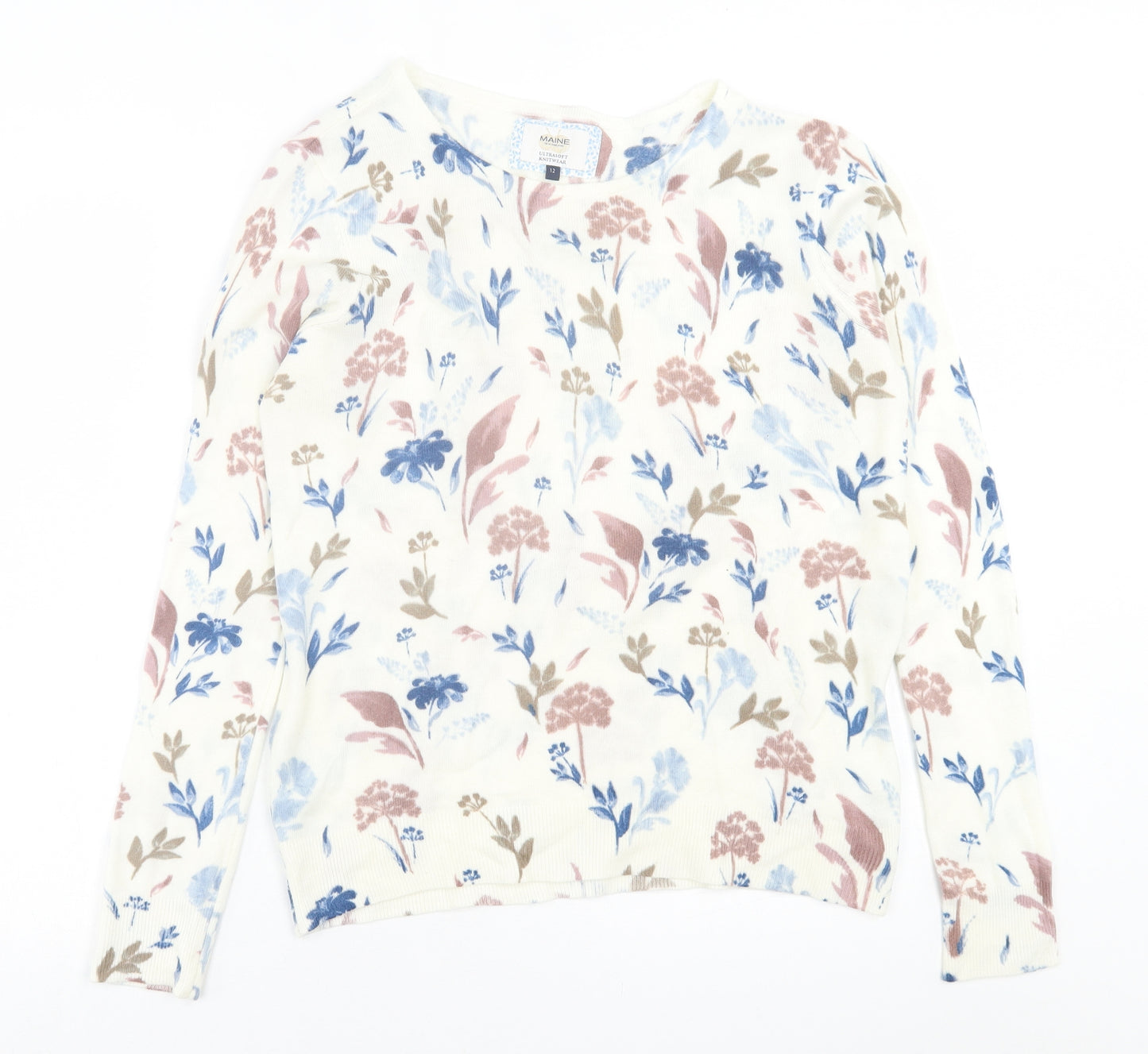 Maine Womens Ivory Crew Neck Floral Acrylic Pullover Jumper Size 12