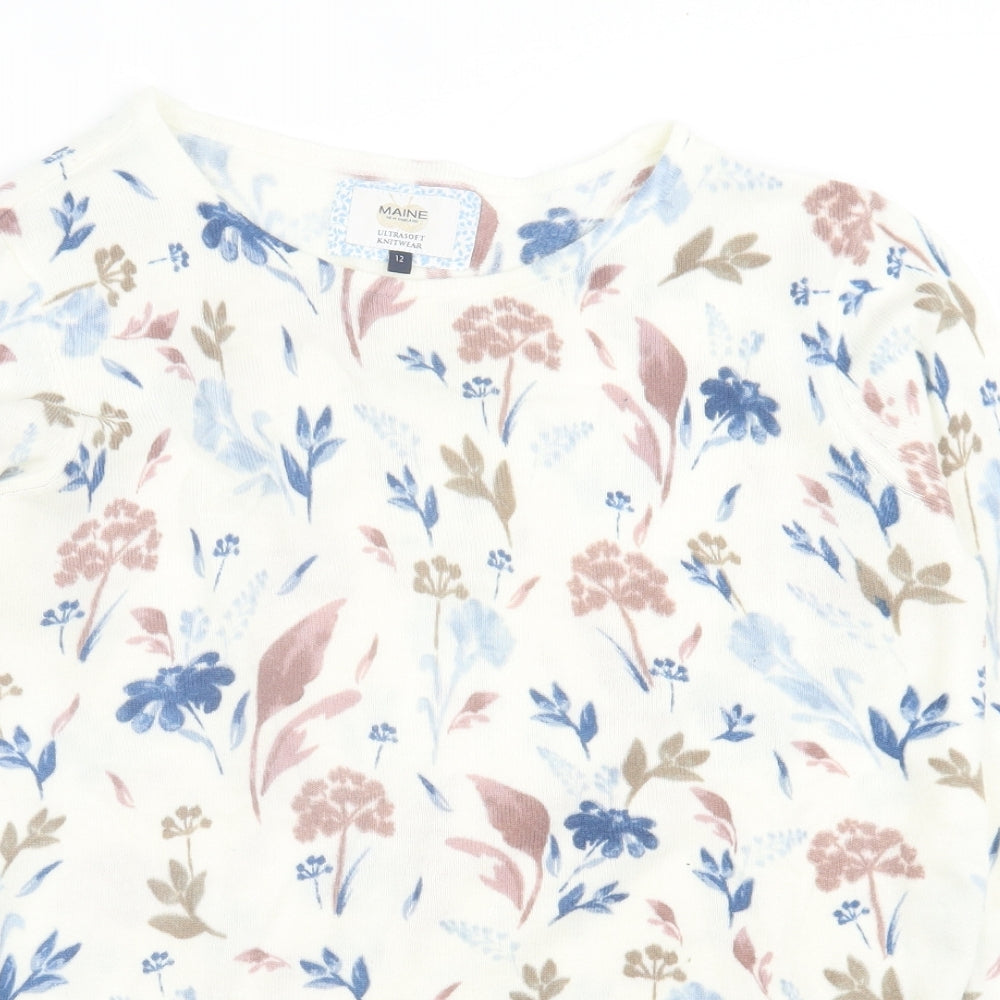 Maine Womens Ivory Crew Neck Floral Acrylic Pullover Jumper Size 12